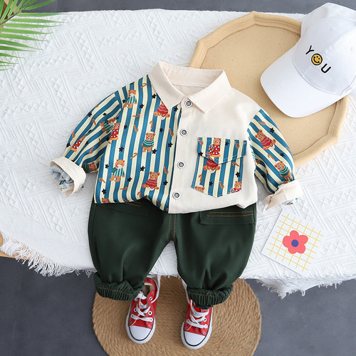  Spring New Boys' Collar Color Matching Shirt Long Sleeve Set Casual Pants Two-Piece Suit for Baby Boys 