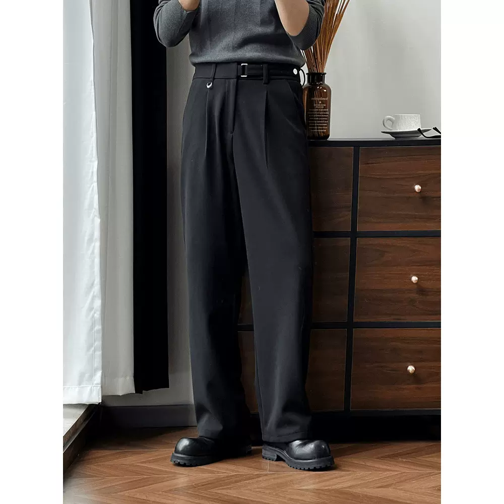 捏褶毛呢休闲西裤男2026年秋冬季新款免腰带设计感宽松直筒西装裤