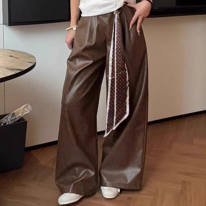 Korean Style Chic Retro Simple Lace-Up Leather Pants for Women Autum New Braided Design with Silk Scarf Straight Pants