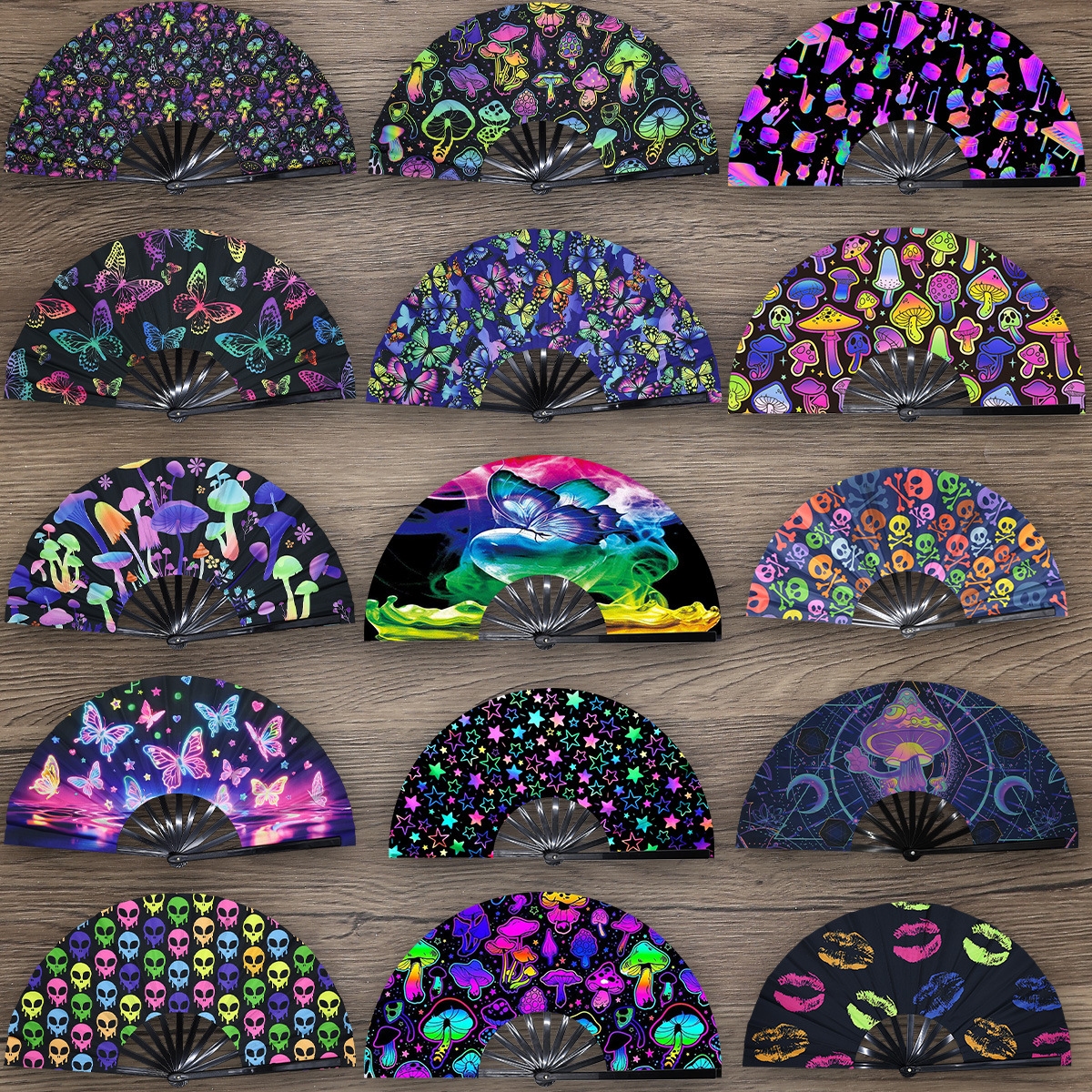 33厘米功夫扇大扇子色丁塑料扇骨竹骨广告扇图案亚马逊爆款折叠