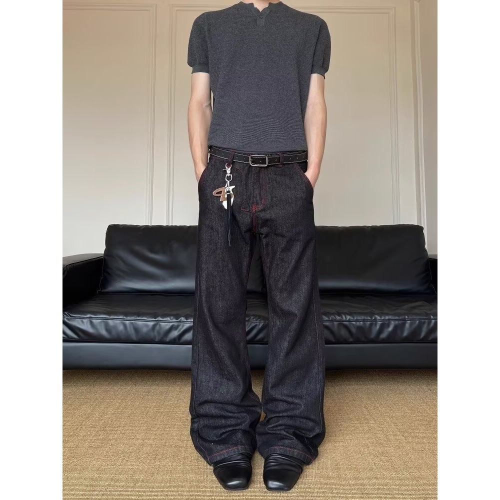 American Red Edge Topstitch Design Cleanfit Original Color Micro-Flared Jeans for Men and Women Floor-Length Long Pants