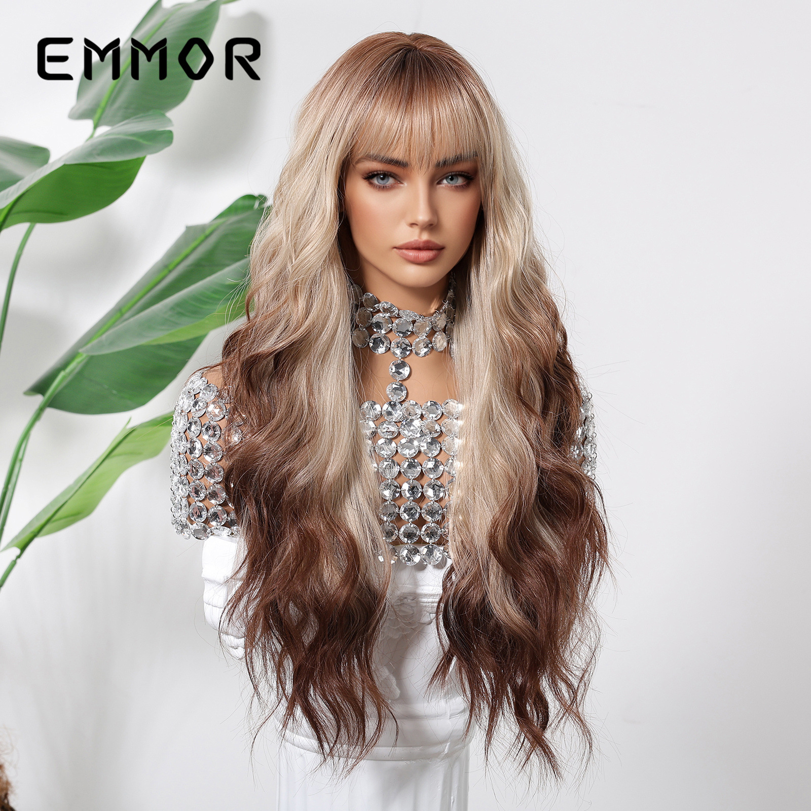 Venta caliente París pintura tinte celebridad de Internet peluca de moda flequillo de aire pelo largo y rizado ola grande gradiente dorado todo cubierta mujer