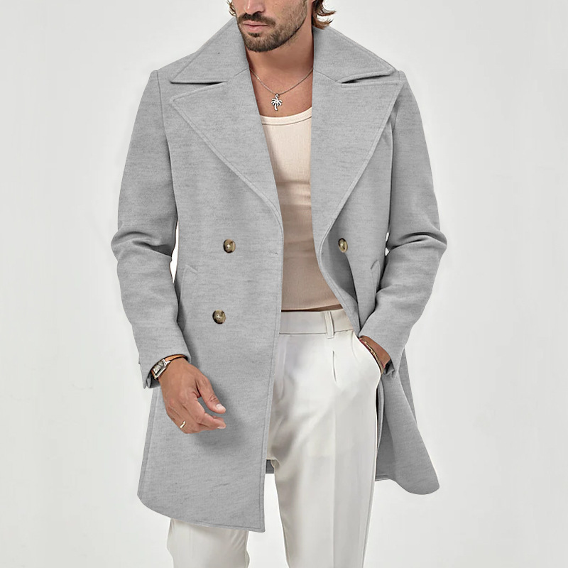 Men's suit collar medium length men's casual solid color versatile windbreaker coat_voghion.com