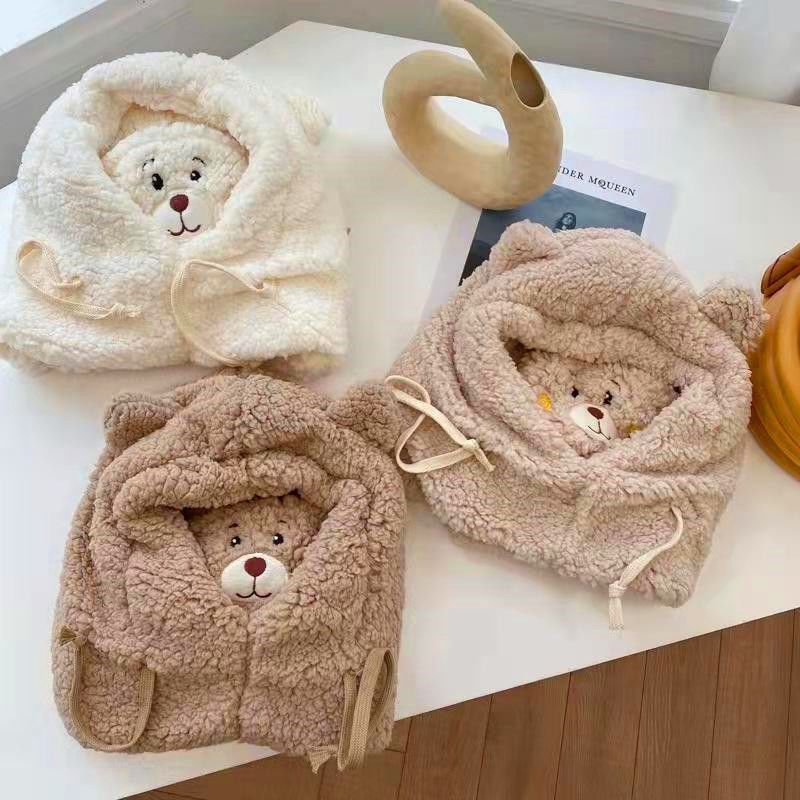 Plush Material Bear Pattern Winter, Autumn Season Women's Cute Bear Embroidery Ear Warap Trapper Hat