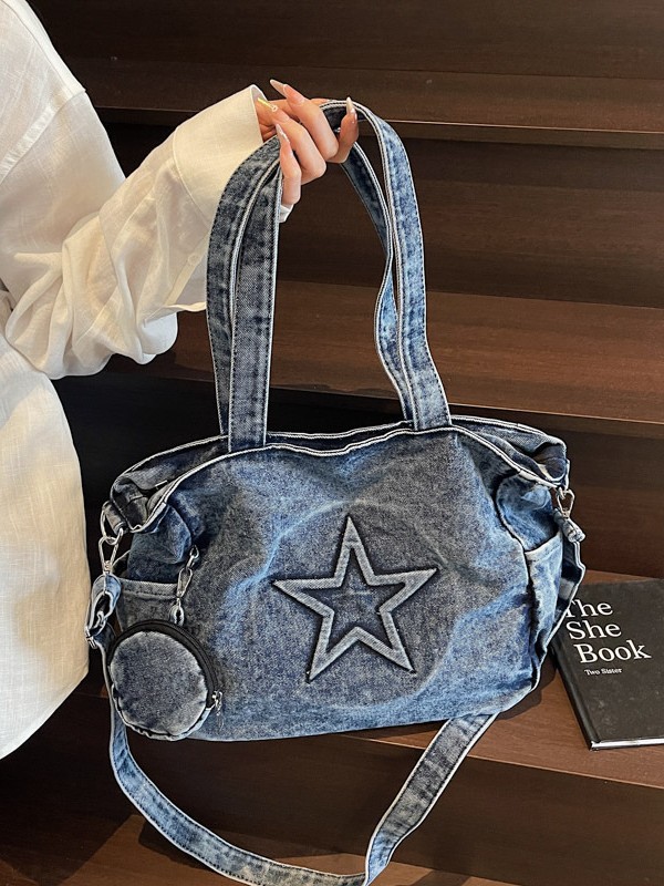 Diseño de nicho de mezclilla de cinco estrellas anticuado Totte bolso mujer comercio exterior transfronterizo nuevo bolso bandolera retro de gran capacidad