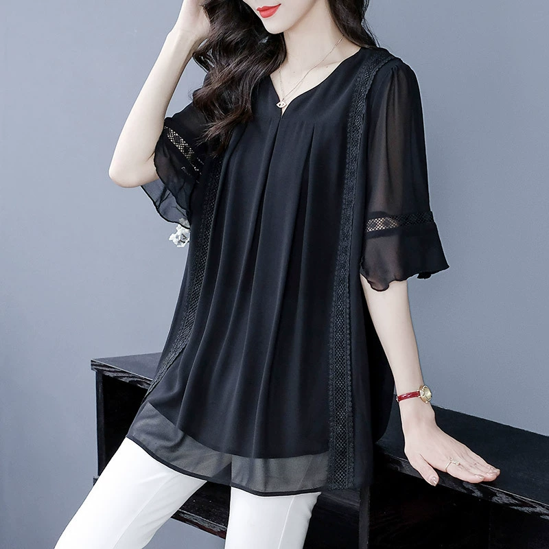 Летняя шифоновая свободная кружевная универсальная рубашка с короткими рукавами в европейском и американском французском стиле, топ больших размеров, женская одежда для матерей среднего и пожилого возраста