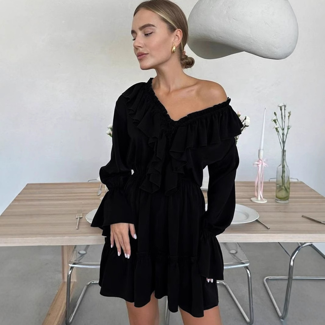 Cross-Border V-Neck Women 2025 Spring Summer New Flared Sleeve European And American Style Short Chiffon Dress_ecoleips.com