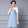 Exquisite Bow Tie Studded Diamond Short Sleeve Waist Wrapped A-line Skirt