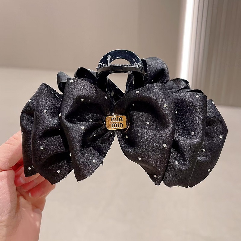 Satín de alta sensación, arco negro grande, clip de tiburón, toque de cabeza, clip de nube, clip de agarre, clip de cabello, tarjeta de cabello de mujer