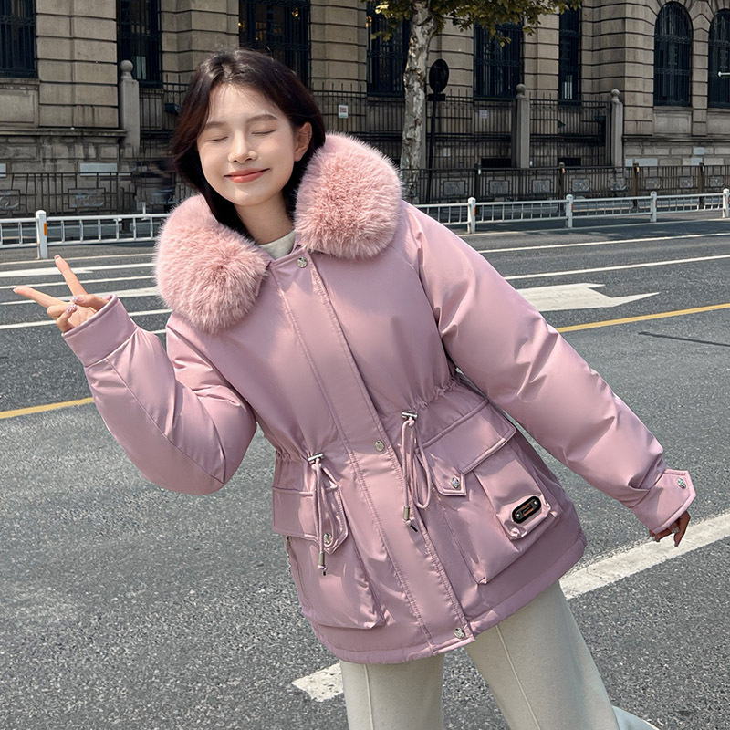 2025 invierno nuevo comercio exterior grueso para superar la cintura femenina delgada con capuzas cuello de cabello grande abrigo de algodón cálido