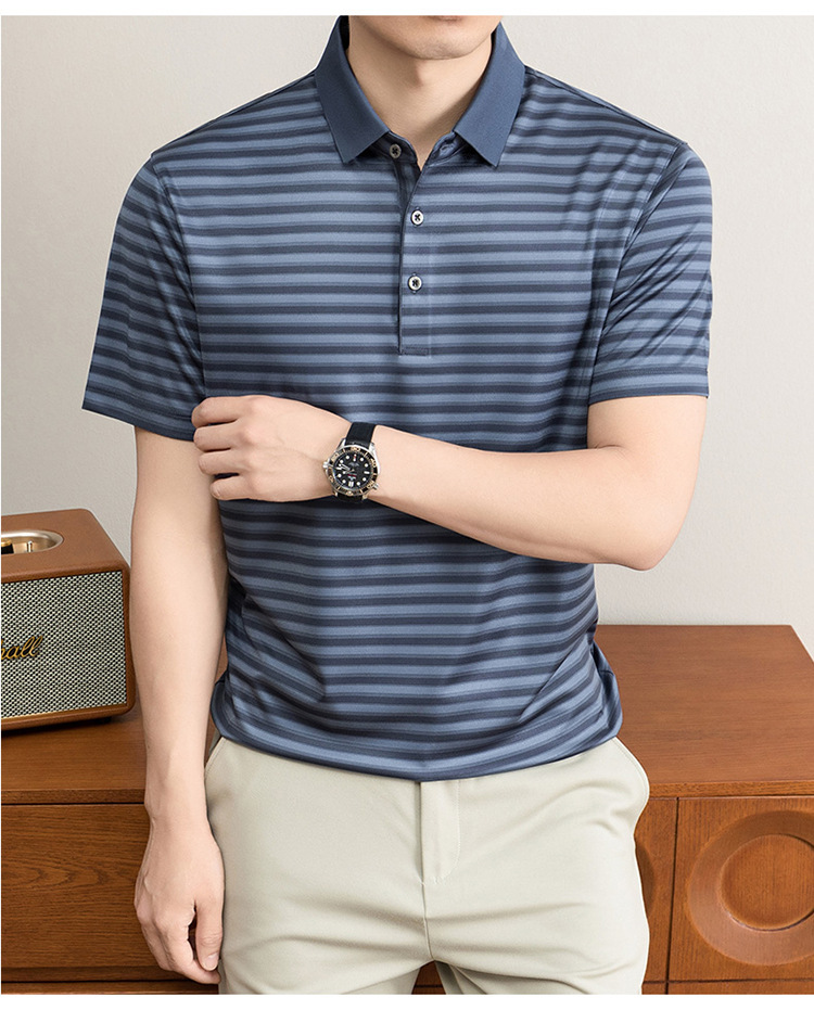 Áo polo nam tay ngắn cổ bẻ sọc kẻ chất liệu tơ tằm mulberry mềm mịn — Vàng tím 8878 chi tiết 23