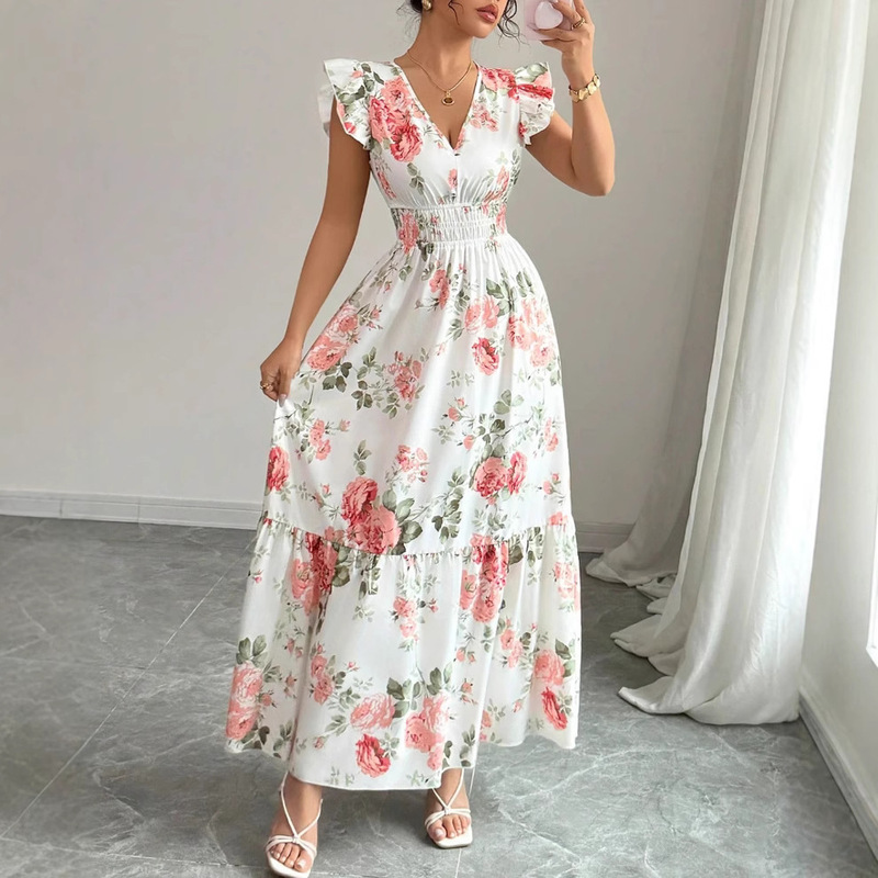 2025 European and American Foreign Trade Summer Elegant Women's Flower Printed Hem Long Women's Wear