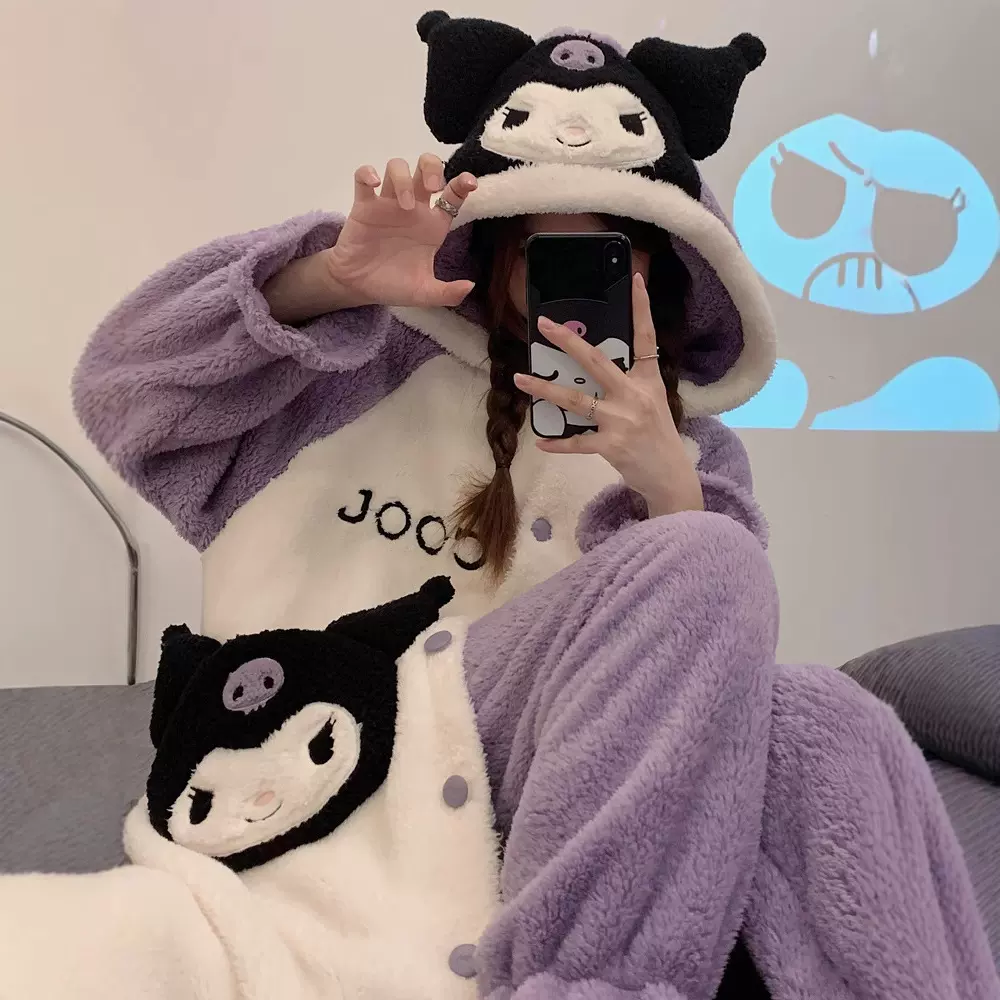 珊瑚绒睡衣女春秋冬季2025年新款库洛米法兰绒加厚家居服睡袍套装