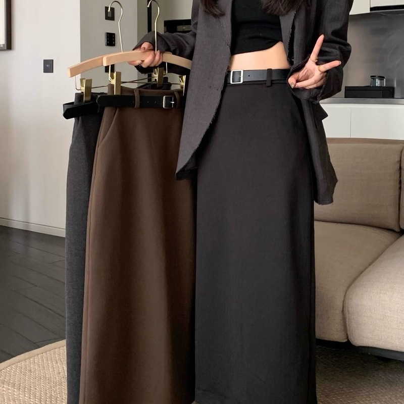 美拉德毛呢西装灰色半身裙女秋冬2025新款高腰显瘦A字包臀长裙子|undefined