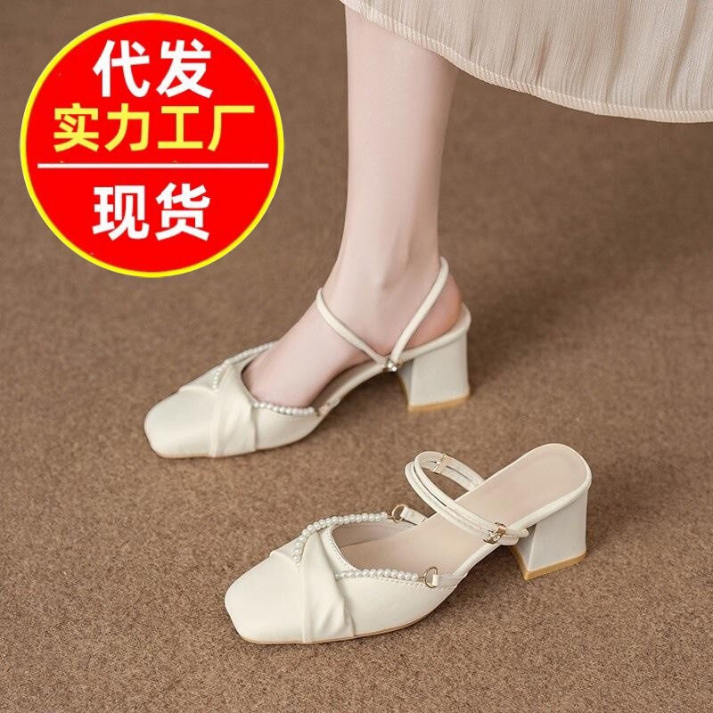 2026 Spring and Summer New Fashion Versatile Slip-On High-Heeled Closed-Toe Half-High Slippers for Women with French-Style Pearl Bow 2026 Spring and Summer New Fashion Versatile Slip-On High-Heeled Closed-Toe Half-High Slippers for Women with French-Style Pearl Bow
