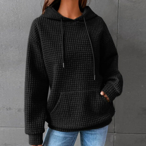 Autumn/Winter European and American Women's Apparel Honeycomb Hooded Long-Sleeve Sweatshirt Loose Top for Women