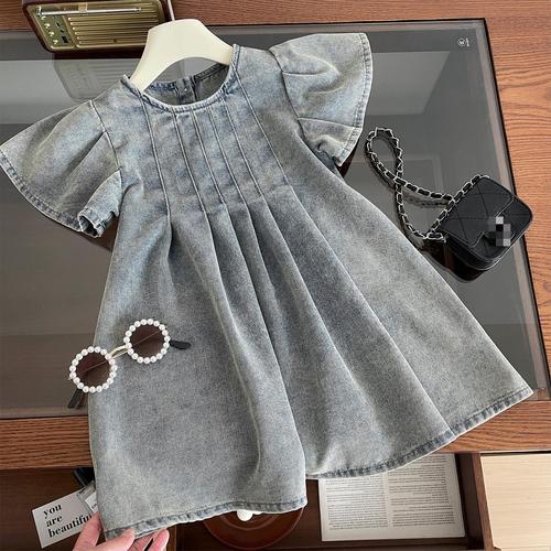 2024 Summer New Korean Style Girls' Washable Soft Denim Dress for Girls with Short Sleeve Children's Dress