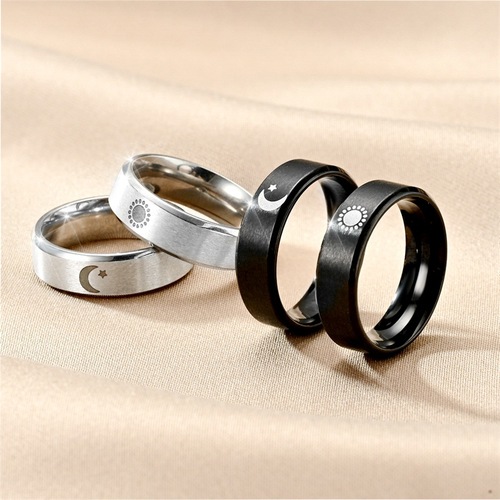 Titanium-Steel Couple Rings, Trendy Design with Moon and Sun—Unisex European & American-Style Jewelry