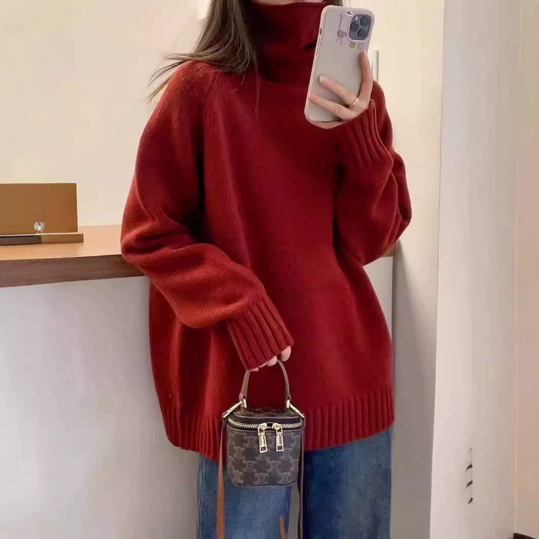 Европейский толстый красный свитер с высоким вырезом, женский пуловер 2024 осень и зима новый свободный большой размер свитер с длинными рукавами