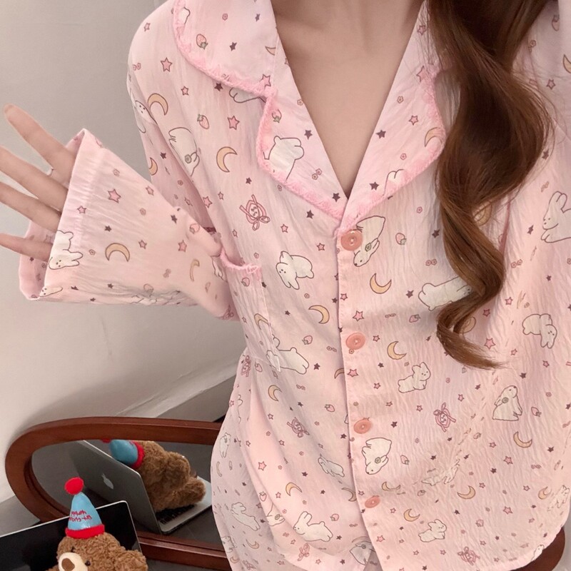 Pink All-Over Printed Bunny Girl Pajamas, Sweet Spring and Autumn Two-Piece Set, Soft and Cute Princess-Style Loungewear Pink All-Over Printed Bunny Girl Pajamas, Sweet Spring and Autumn Two-Piece Set, Soft and Cute Princess-Style Loungewear