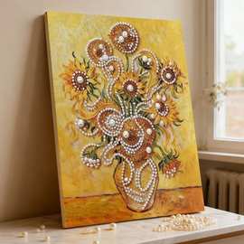 新款花卉珍珠画diy向日葵鸢尾花财神手工自粘创意礼物批发装饰画