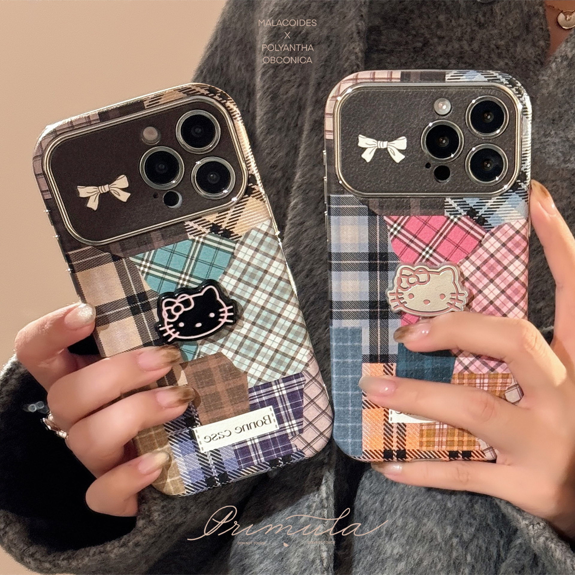复古格纹拼接猫咪14适用15promax手机壳苹果iphone16立体17皮质13