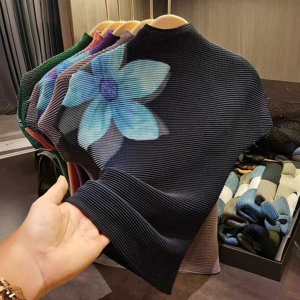 Áo thun cổ đứng tay ngắn hè chất liệu nhẹ hạt ngô xếp li dáng rộng — Màu đen, Màu tím, Màu hồng, Màu xanh lá