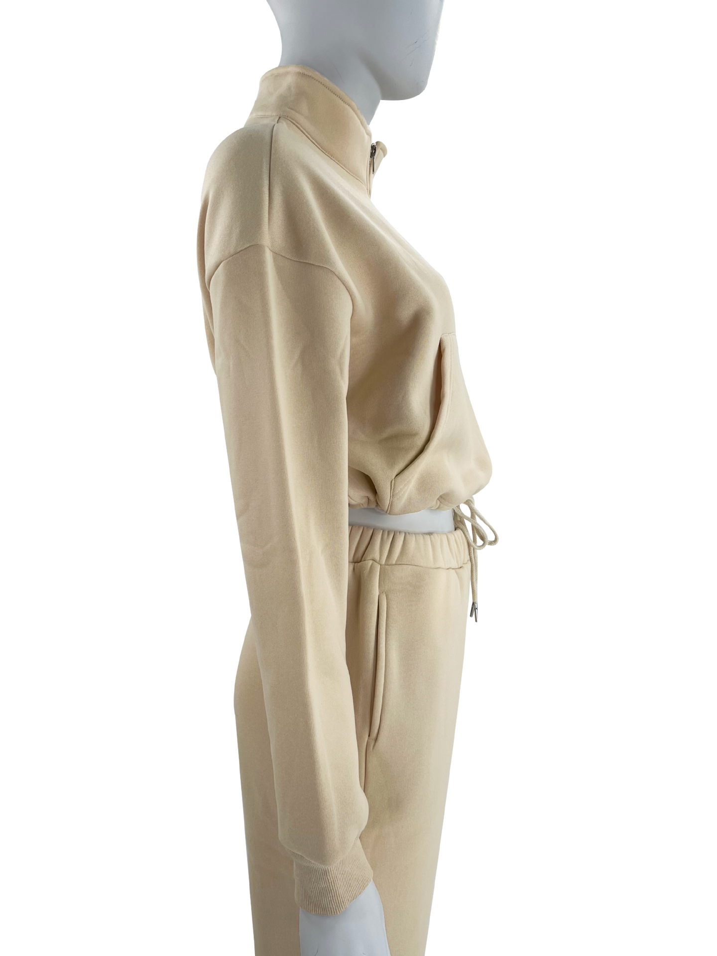 Women's Clothing 2024 autumn and winter solid color stand up collar zipper drawstring navel baring plus velvet sweatshirt casual sweatpants suit_voghion.com