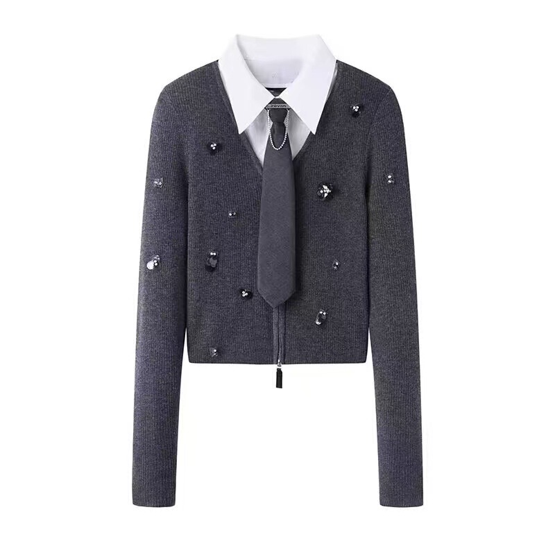 In Stock 2025 Winter New Designer Style Rhinestone Tie Detachable Shirt Collar Knit Cardigan Rl10106192