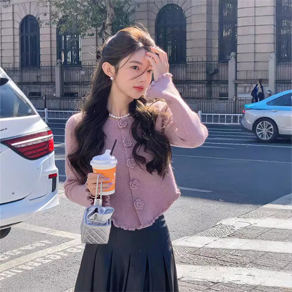 ChicShe ChicShe 2024 Cardigan lavorato a maglia color camelia viola per donna, stile coreano, inizio autunno, unico e bellissimo, cappotto corto versatile_voghion.com