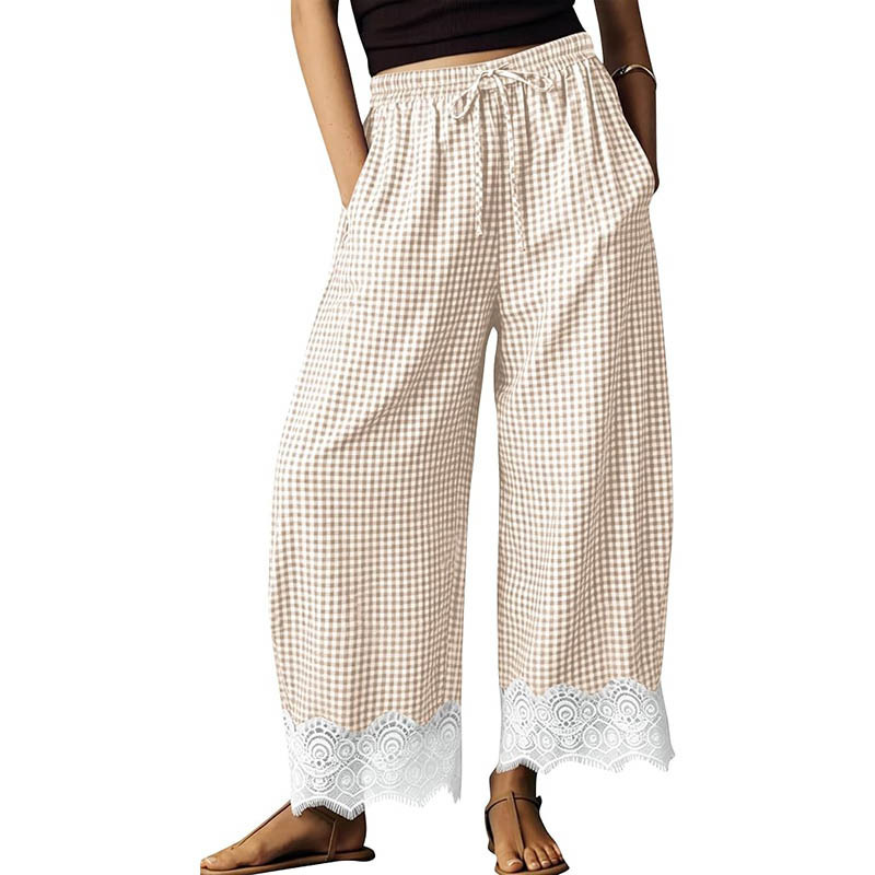 European and American cross-border women's lace hem plaid wide-leg pants with elastic drawstring waist, casual pants with pockets, plaid pants European and American cross-border women's lace hem plaid wide-leg pants with elastic drawstring waist, casual pants with pockets, plaid pants
