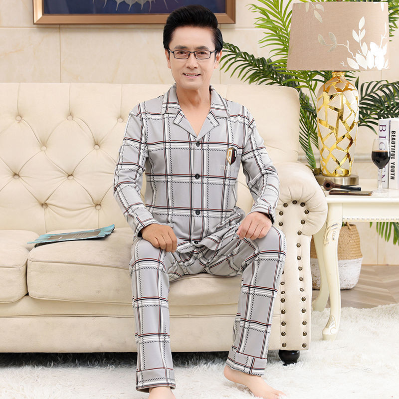 Pijamas de mediana edad y ancianos para hombres de primavera y verano 100% algodón de manga larga más tamaño cardigan Delgado traje de homewear