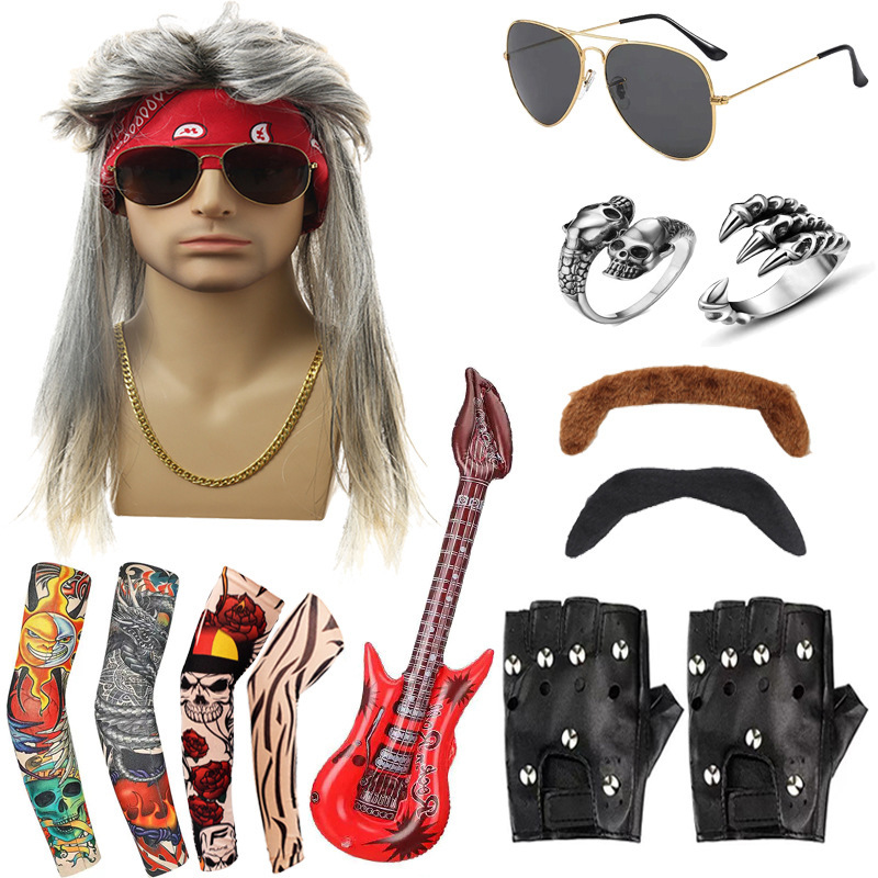 New Halloween Wig Punk COS Wig Hippie Disco Party European and American Men's Rock Wig Set New Halloween Wig Punk COS Wig Hippie Disco Party European and American Men's Rock Wig Set