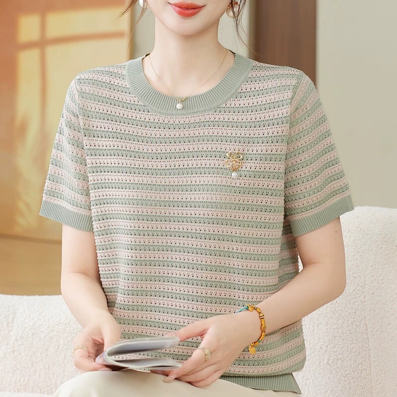 Mother's Day Summer Short-Sleeve Striped Knit Top for Middle-Aged and Elderly Women, Stylish Ice Silk T-Shirt, Age-Reducing Top Mother's Day Summer Short-Sleeve Striped Knit Top for Middle-Aged and Elderly Women, Stylish Ice Silk T-Shirt, Age-Reducing Top