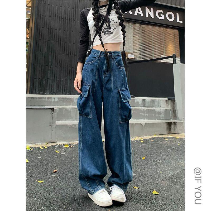 港风复古大口袋工装牛仔裤女秋秋季潮牌直筒宽松百搭垂感阔腿长裤|undefined