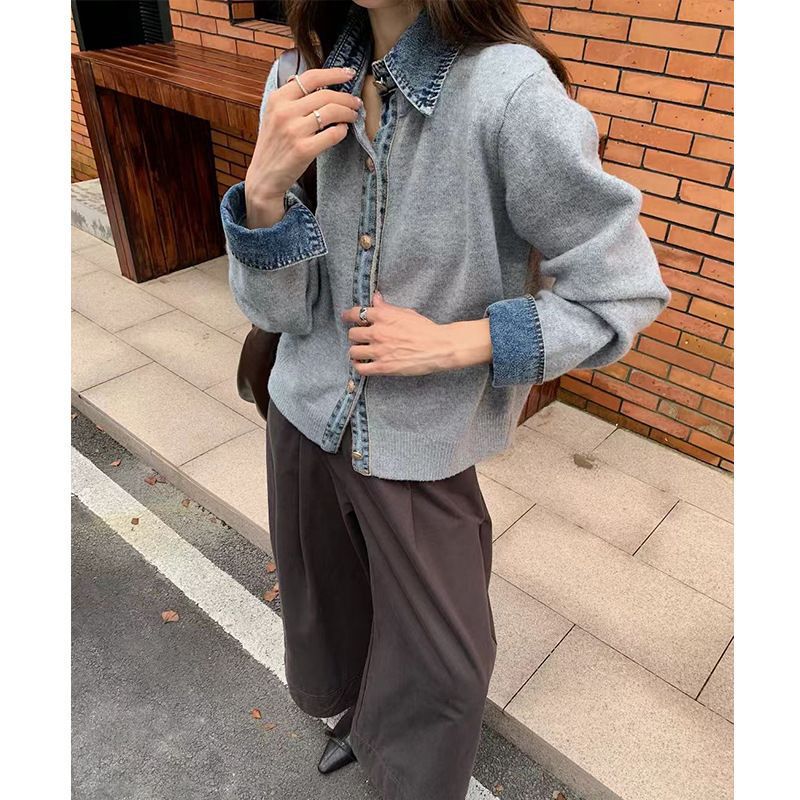 New Autumn and Winter French-Style Fashion Simple Design Denim Patchwork Sweater Jacket for Women with Polo Collar New Autumn and Winter French-Style Fashion Simple Design Denim Patchwork Sweater Jacket for Women with Polo Collar