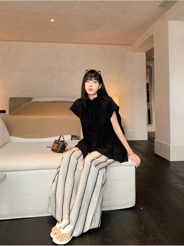 时尚气质套装黑色短袖衬衫上衣女夏季高腰条纹休闲裤阔腿裤两件套|undefined