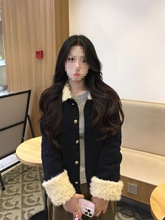 小香风羊羔毛毛领短款外套女秋冬季2025新款韩系气质加厚加绒上衣