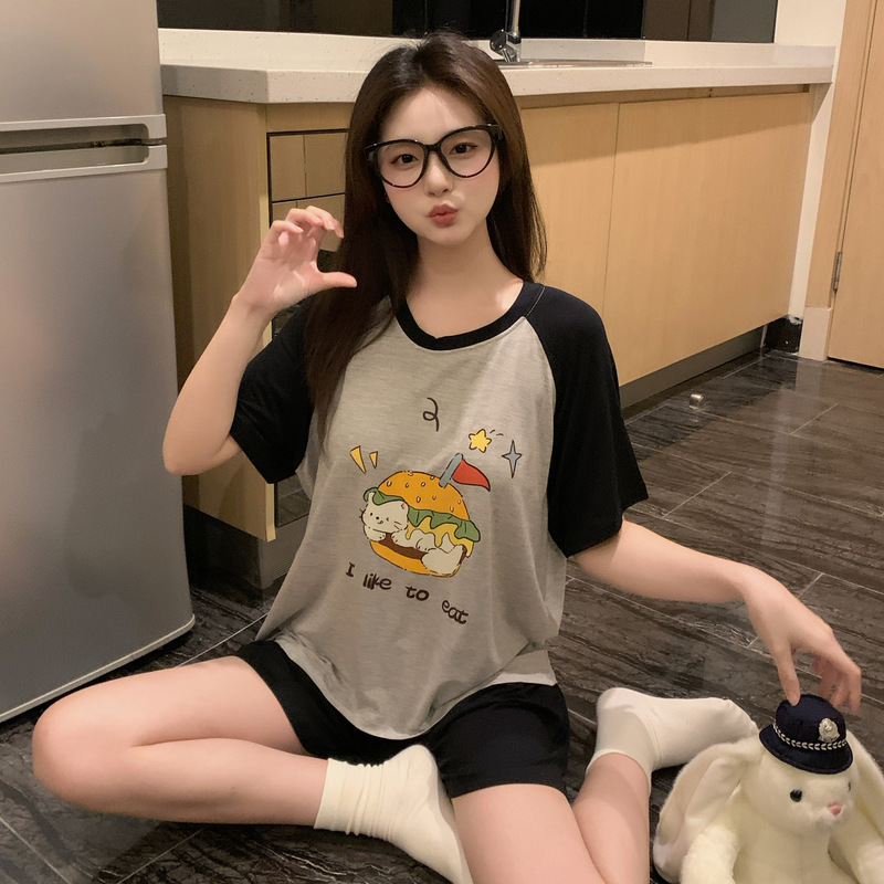 Fun Burger Modal Pajamas with Breast Pads for Women Summer New Short-Sleeved Cartoon Home Clothes Set Can Be Weared Outside