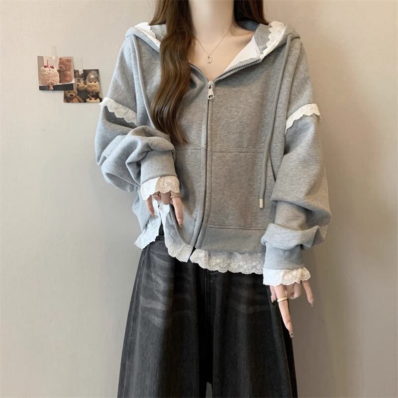 [Original Workmanship] Hooded Sweater Cardigan Coat Women's Autumn plus size chubby girl Slimming High-end Lace Edge