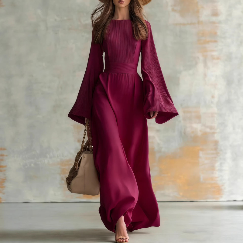 Amazon 2026 European and American Spring New Hot-Selling Cross-Border Solid Color Style Slim Fit Bell Sleeve Casual Dress Amazon 2026 European and American Spring New Hot-Selling Cross-Border Solid Color Style Slim Fit Bell Sleeve Casual Dress