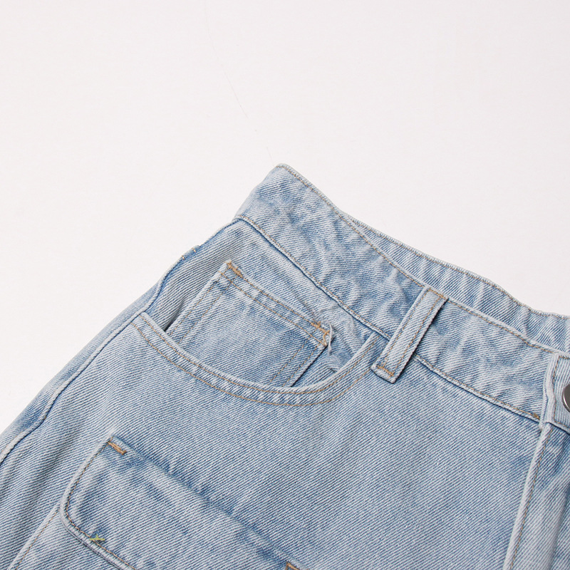 Vaqueros cargo de cintura alta con lavado azul claro vintage para mujer, otoño 2025, nueva moda, pantalones con cremallera y bolsillos grandes