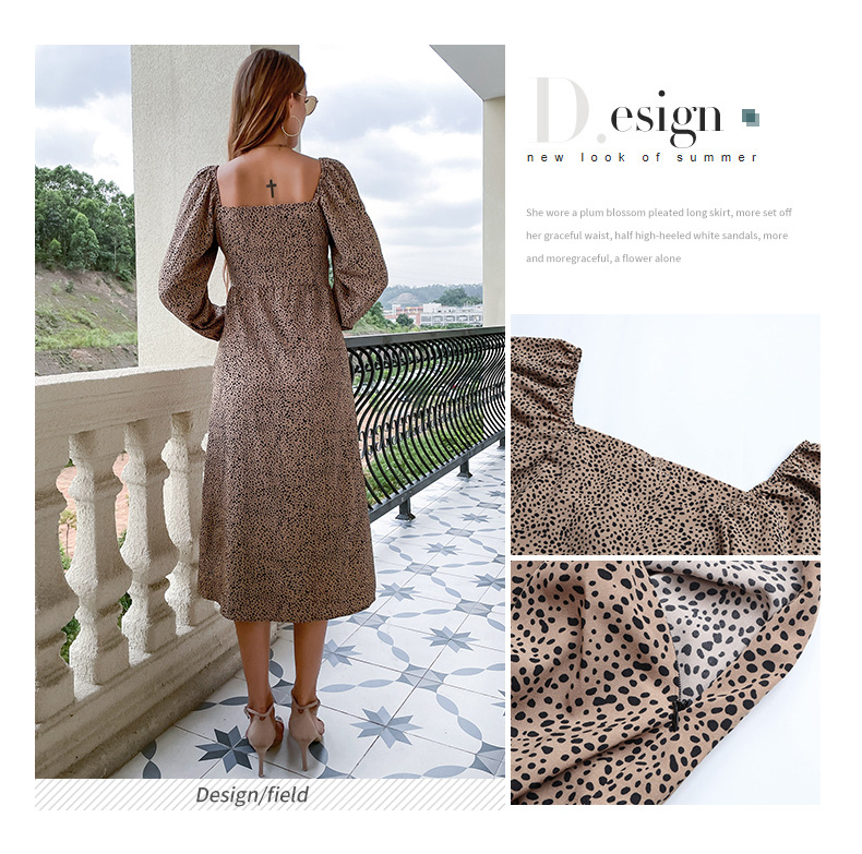 women s leopard print v-neck pleated puff sleeve dress nihaostyles clothing wholesale NSDMB73698