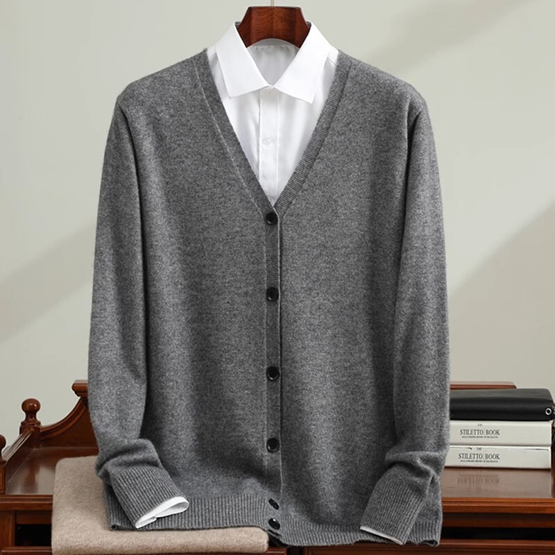 Xizang Blue Cashmere Cardigan Men's Cashmere V-Neck Loose Business Casual Sweater Knitwear Jacket Casual