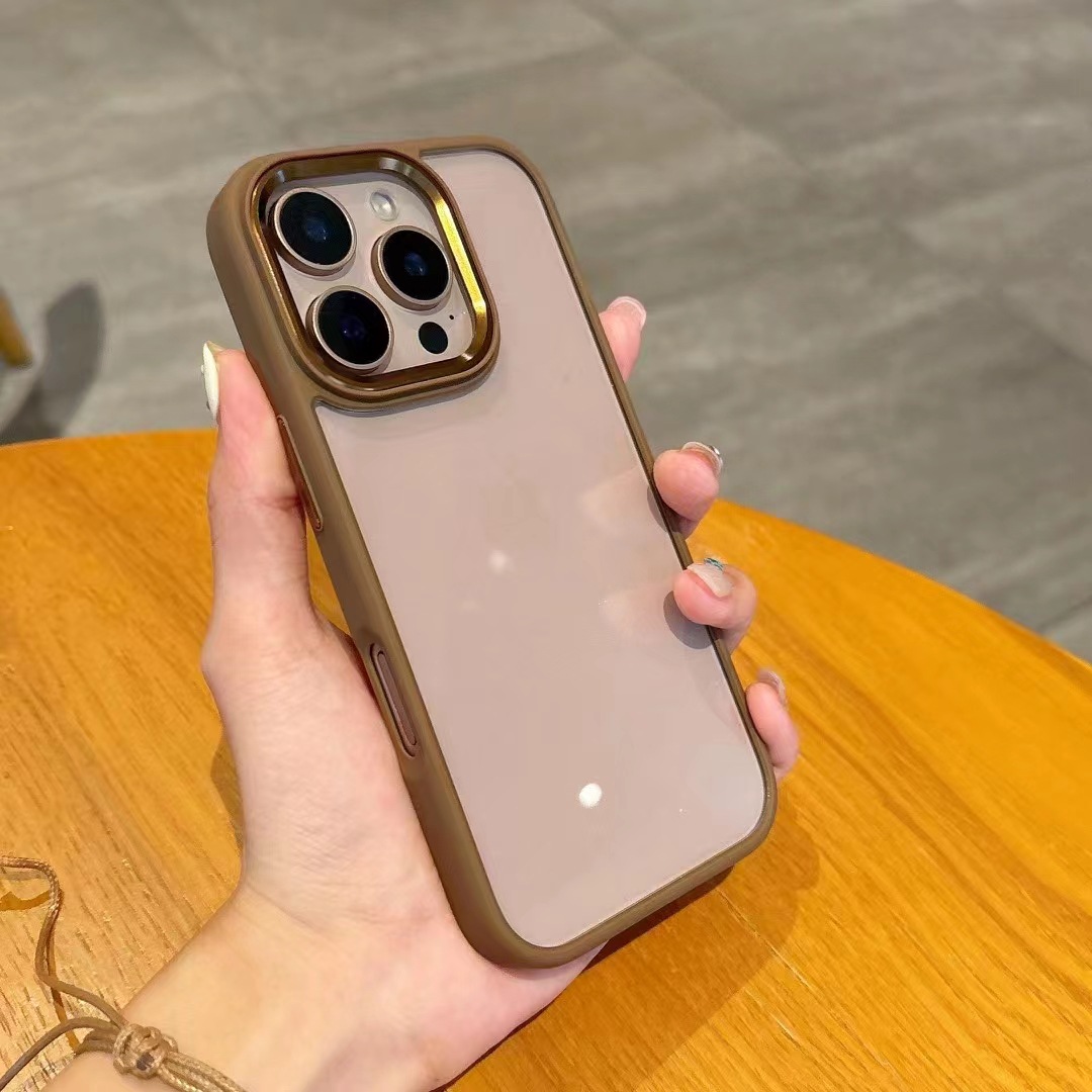 Funda para teléfono móvil iPhone 17 AIR naranja, compatible con iPhone 15 y 16, carcasa rígida transparente con anillo de lente metálico dorado y protección anticaídas.