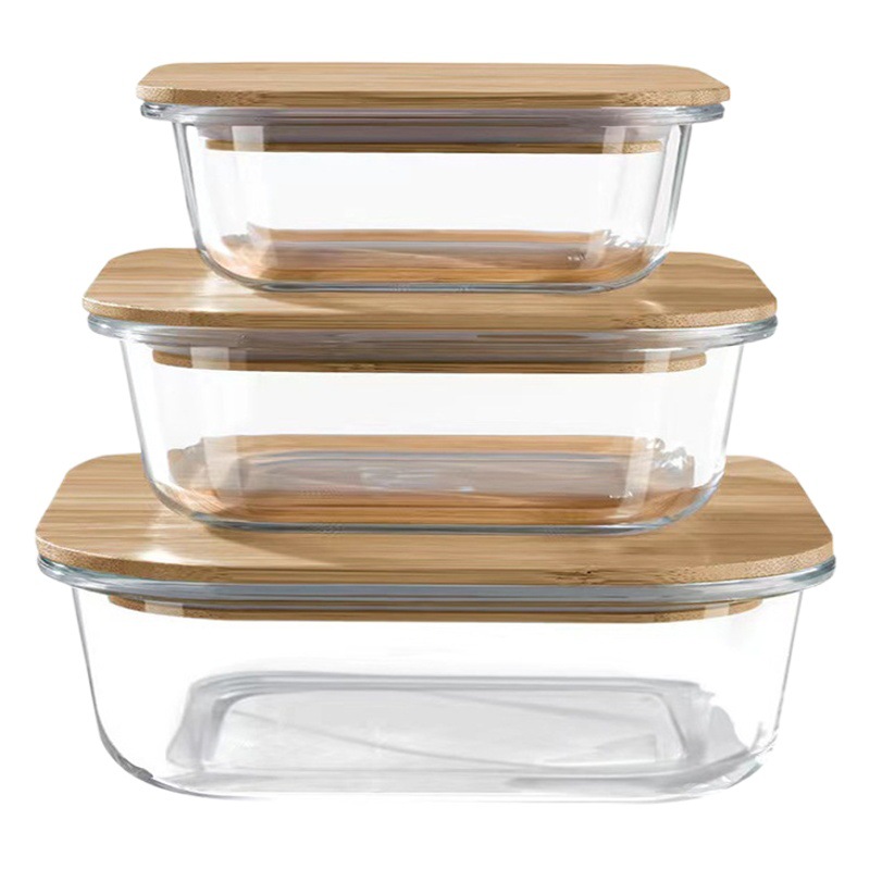 Fiambrera de conservación fresca con tapa de madera de bambú de vidrio con alto contenido de borosilicato juego tazón de vidrio horno microondas especial caja de almuerzo para trabajadores de oficina sellada