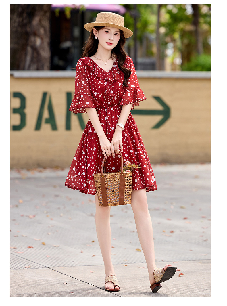 Đầm maxi nữ thắt eo cổ V in chấm bi đỏ — màu đen, màu đỏ chi tiết 20