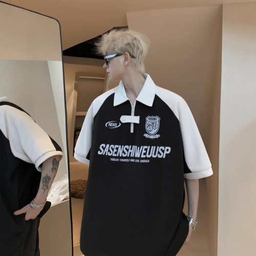 Polo Shirt Men's Summer T-Shirt with Rugged Style, Trendy Design, American Checker Pattern, Half-Zip Top