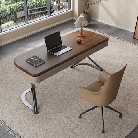 Italian minimalist high-end saddle leather solid wood desk, modern simple writing desk for home bedroom, walnut wood office desk