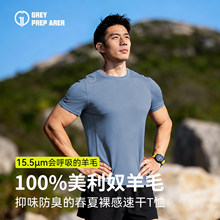 灰壳15.5微米可机洗美利奴羊毛速干衣男美丽诺徒步登山短袖T恤衫